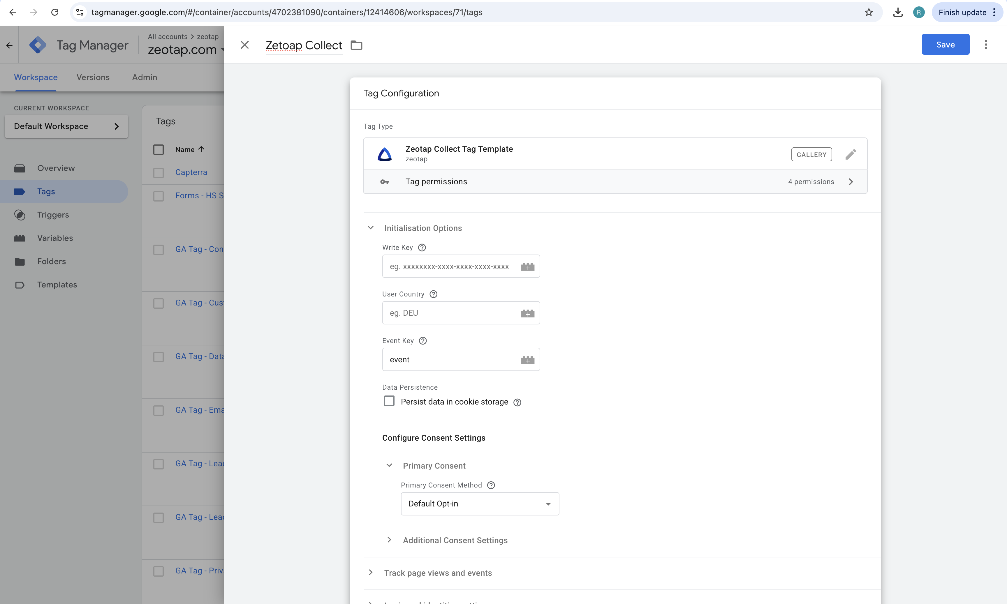 GTM Configuration menu