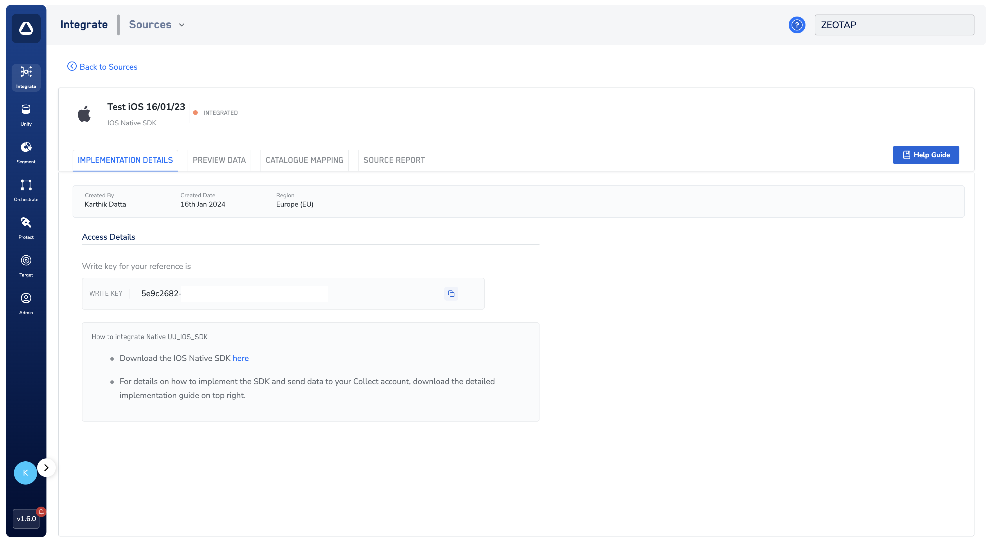 Example of where to find the Write Key in the Zeotap CDP