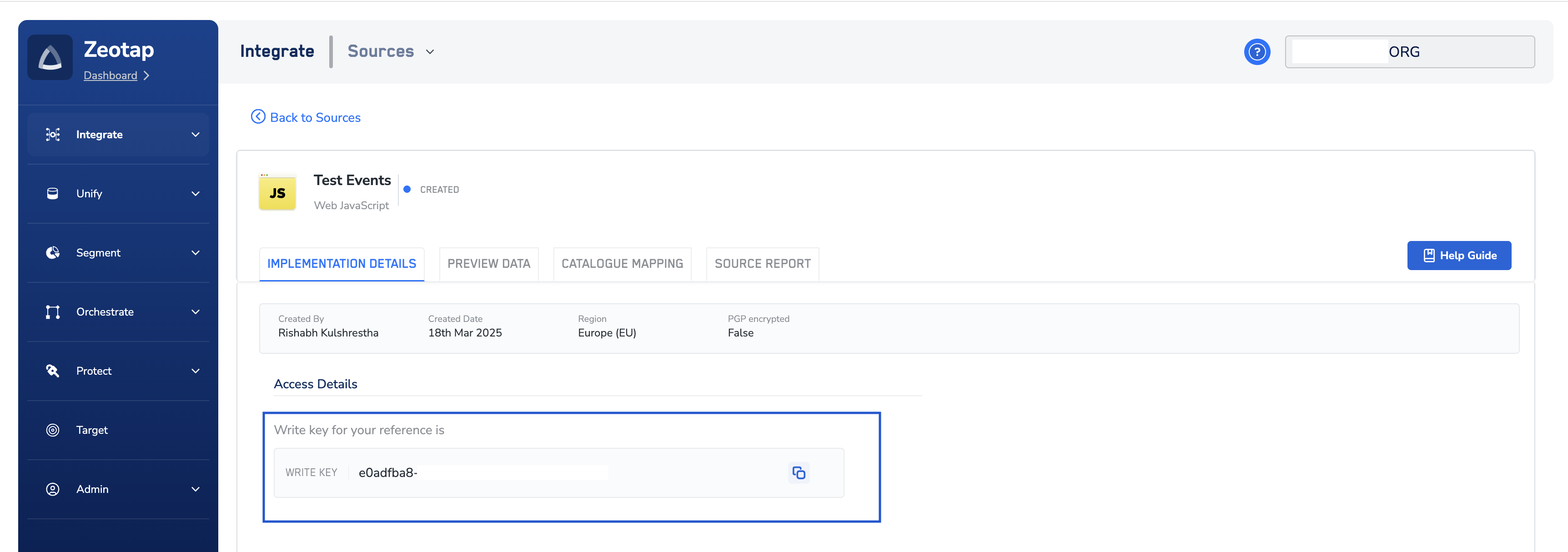 Example of where to find the Write Key in the Zeotap CDP
